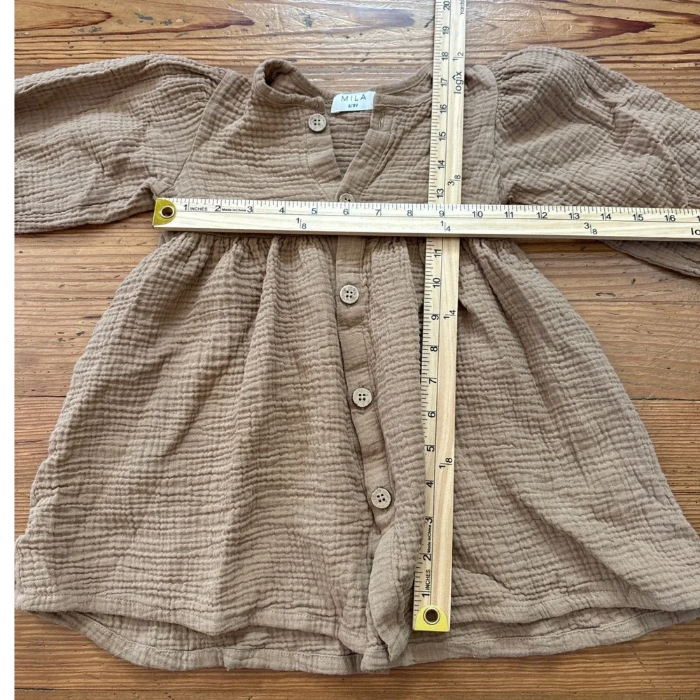 Mila Organic Cotton Gauze Dress Kids‎ Tan Brown Boho Button Front SIZE 2/3Y